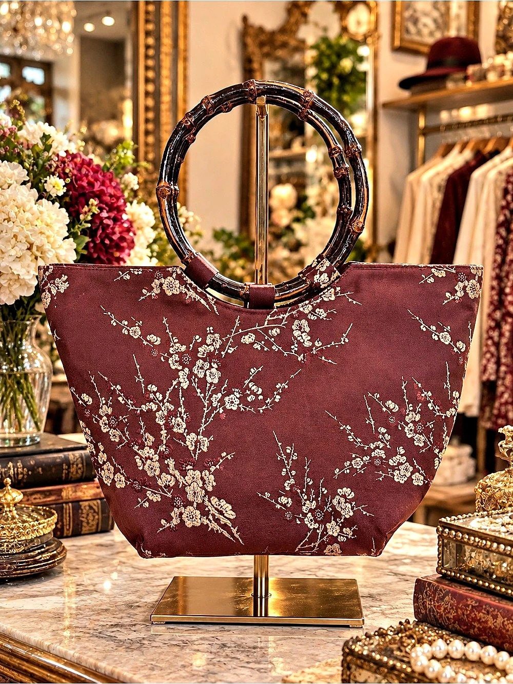 Floral Tote in Brown & Cream Silk